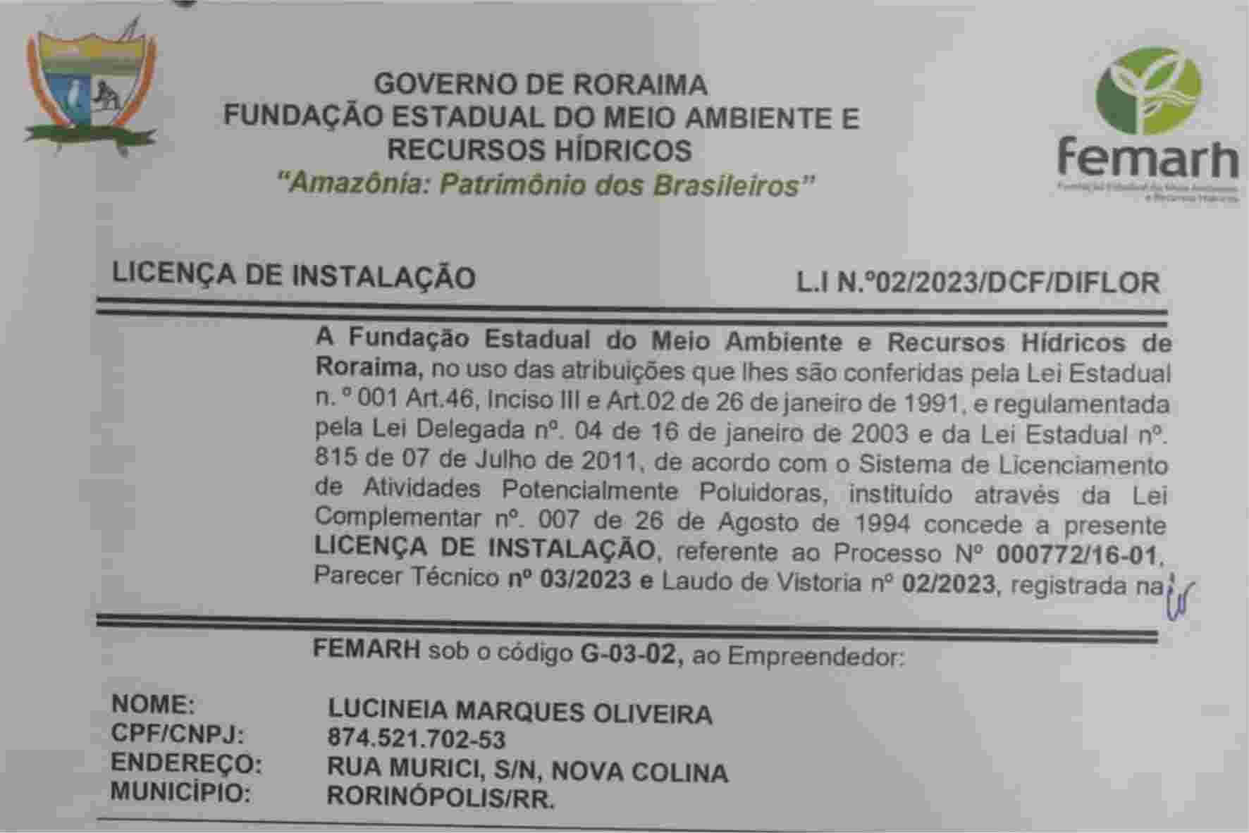 Licença de Instalação Fazenda Campo Verde – Nº 02/2023/DCF/DIFLOR