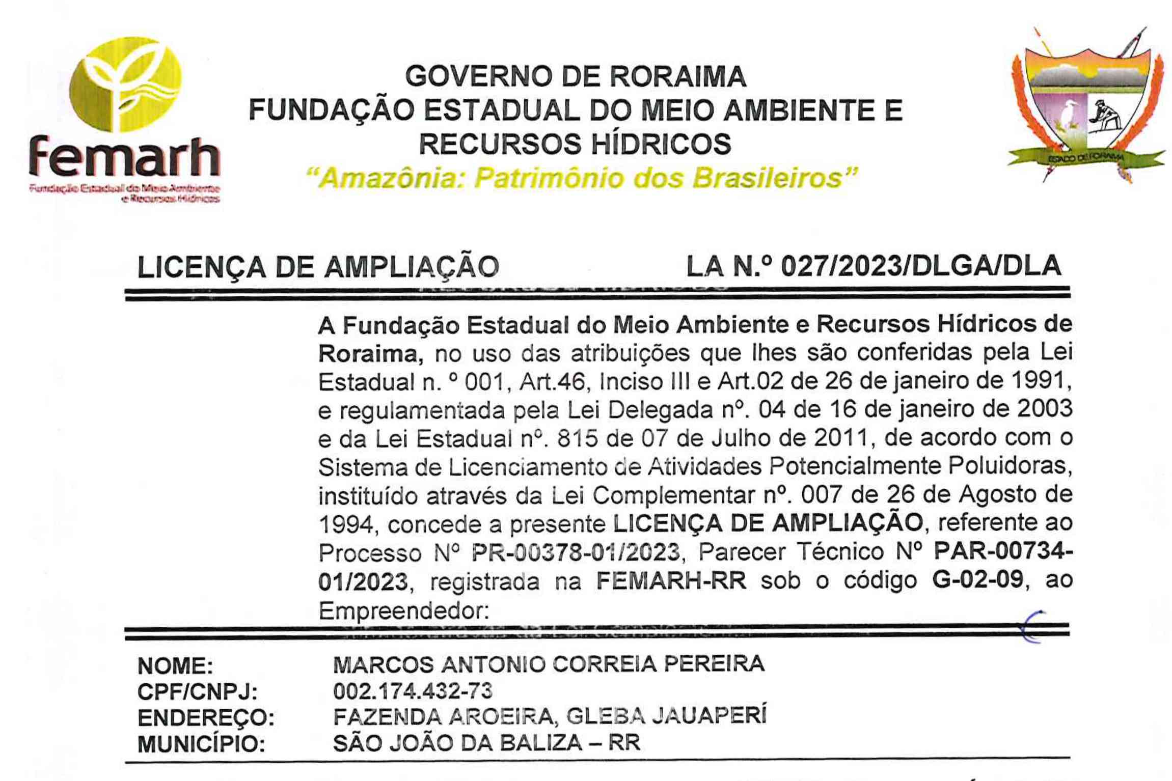 Informe Publicitário: Licença de Ampliação Fazenda Aroeira