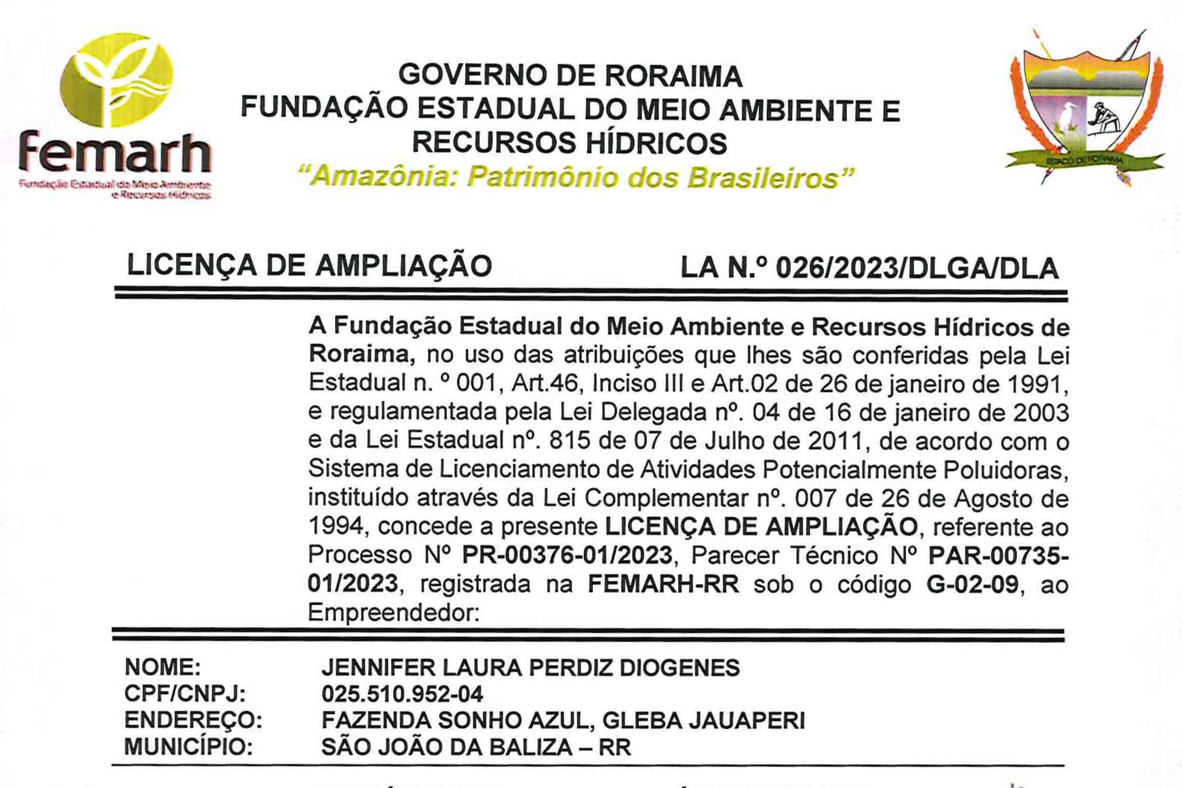 Informe Publicitário: Licença de Ampliação Fazenda Sonho Azul