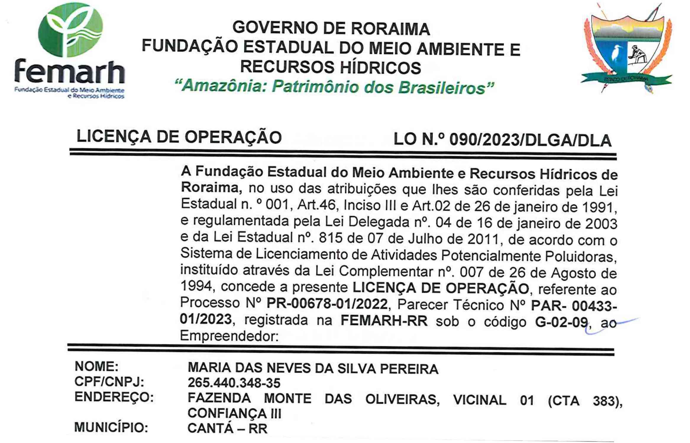 Informe Publicitário: Licença de Operação Fazenda Monte das Oliveiras