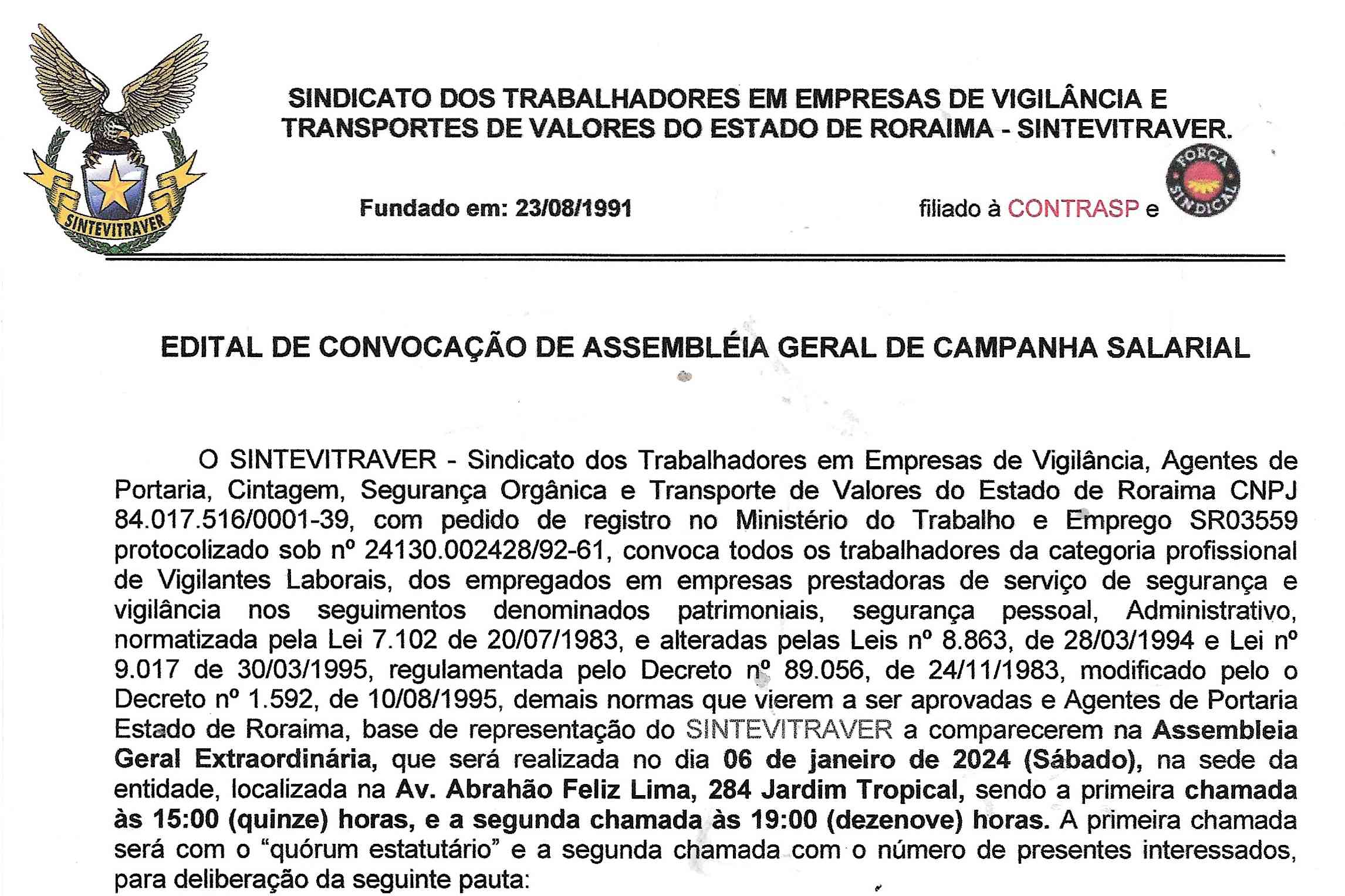 Informe Publicitário: Edital de Convocação Assembleia Geral Sintevitraver 2