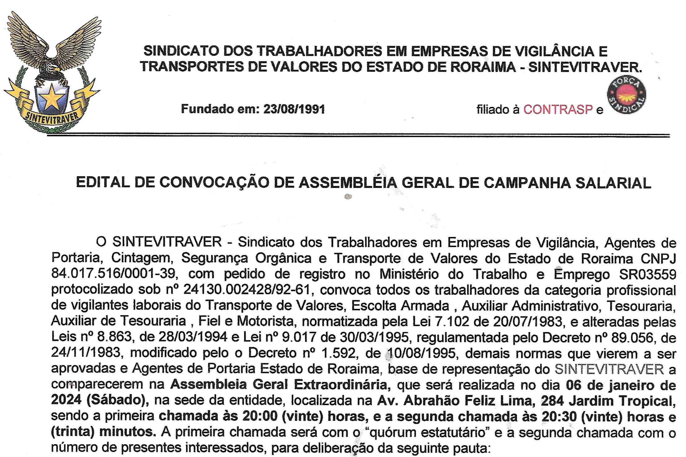 Informe Publicitário: Edital de Convocação Assembleia Geral Sintevitraver 1